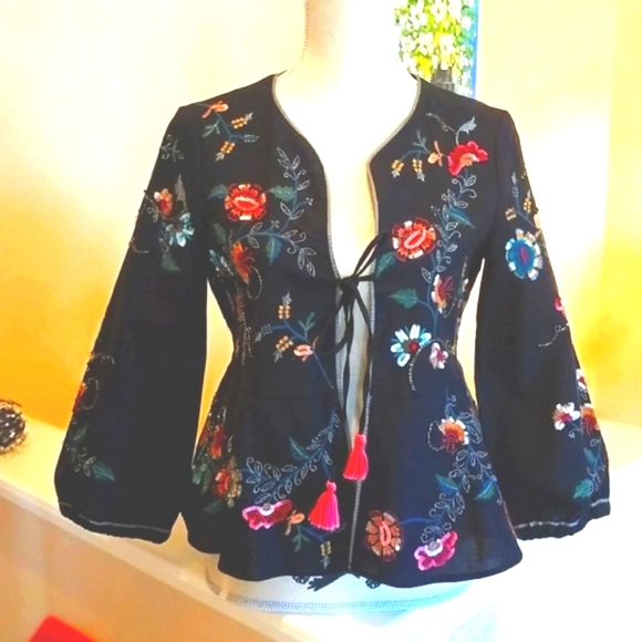 Zara Jackets & Blazers - ZARA Black Festive Fitted Cotton Vibrant Embroidery Tie Front LS Jacket Top NWT